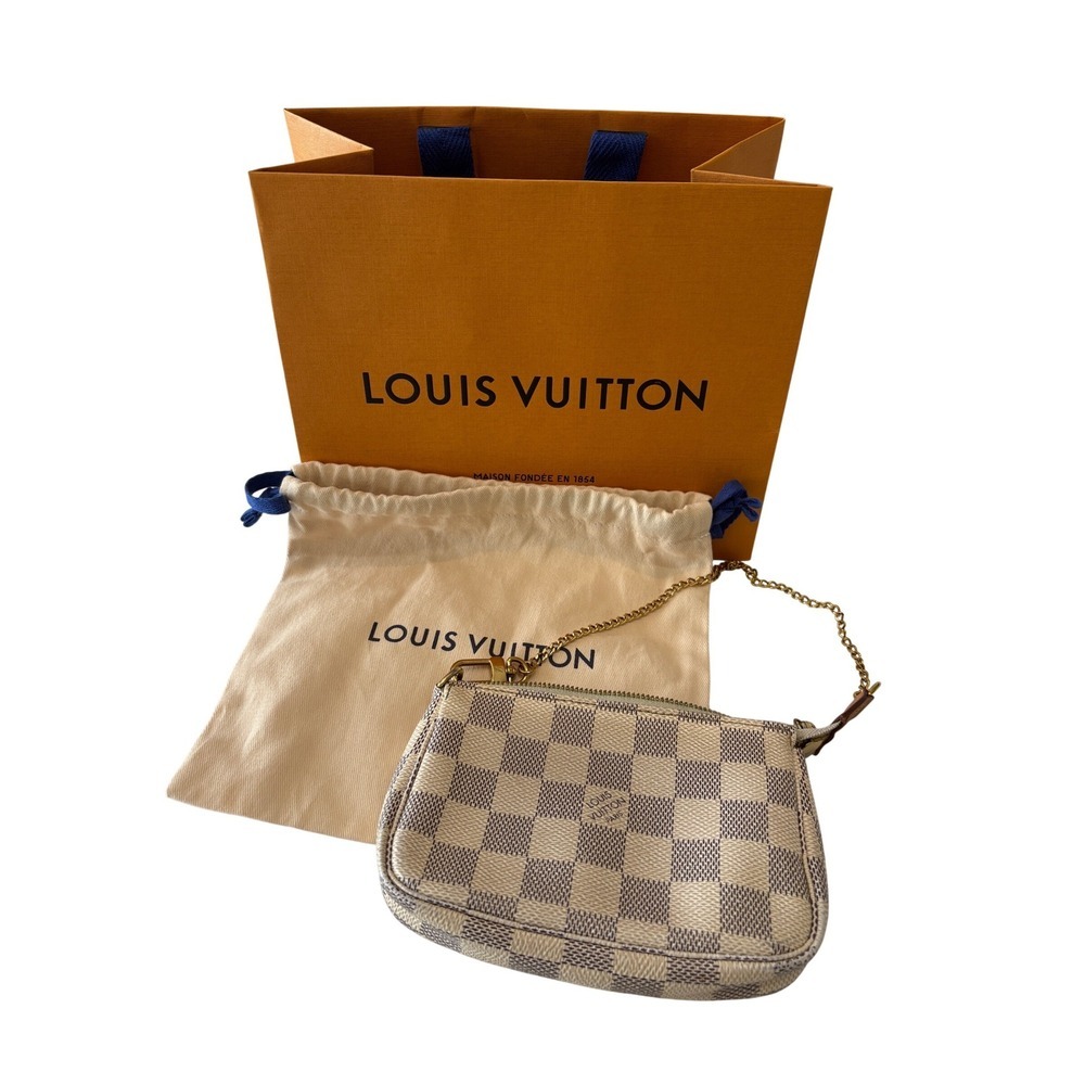 Louis Vuitton Damier Azur Canvas Mini Pochette Wristlet Pouch Bag Gold Chain